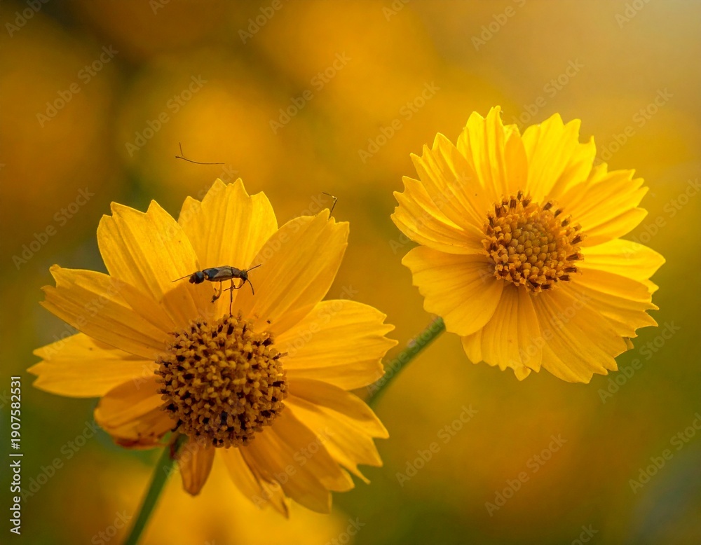 Obraz premium Close-up of two vibrant yellow flowers with a small insect, capturing natures beauty in detail.