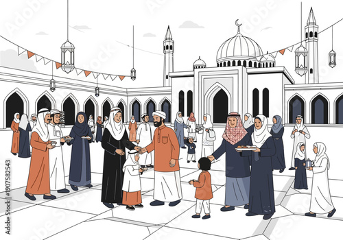 Ramadan celebration in a mosque courtyard with people sharing food and drinks