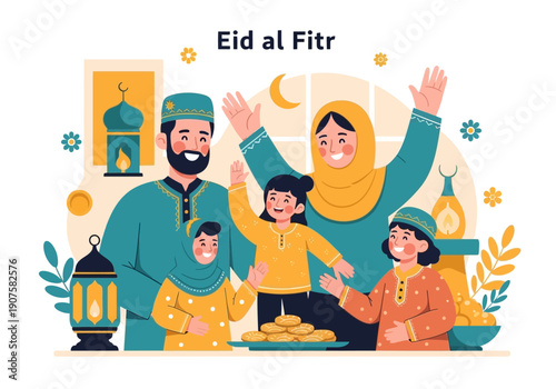 Happy Eid al-Fitr celebration with family enjoying food and festive decorations