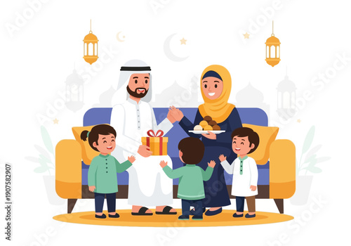 A joyous Muslim family celebrating a special occasion, with parents presenting a gift to their children