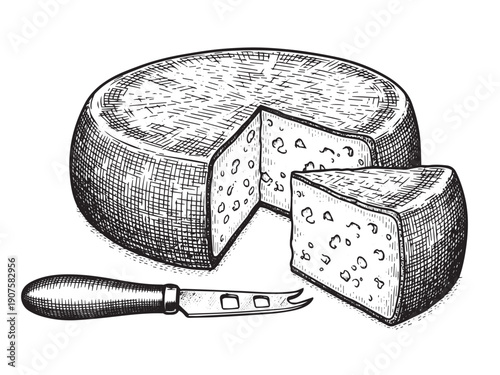 Cheese wheel engraving illustration for gourmet food branding