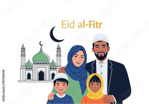Happy Eid al-Fitr celebration with a diverse Muslim family and a mosque in the background