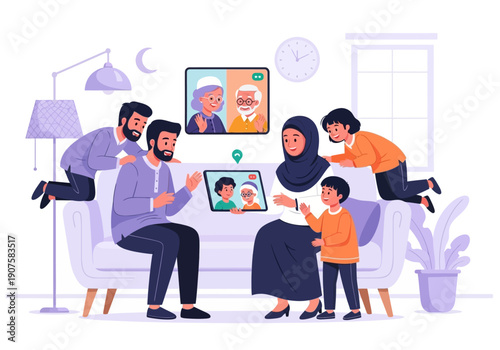 Family enjoying a virtual video call with grandparents on a tablet device at home