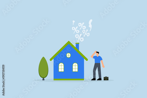 Real estate and housing mortgage rates, businessman home owner looks at  smoke rising from fireplace of  house.