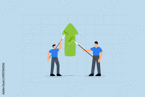 Business profit growth, businessman partner helps paint growth green arrow diagram.