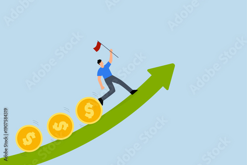 Investment profit and earning, fund manager holding  flag of lead coins in ascending chart.