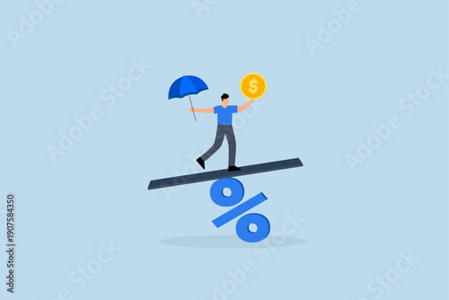 Central bank money policy for inflation, businessman balances himself with a percent sign.