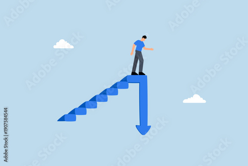 Stock market decline in crisis, frustrated businessman investor climbs the stairs