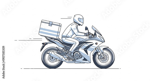 Motorcycle Delivery Rider Speeding with Cargo Box.