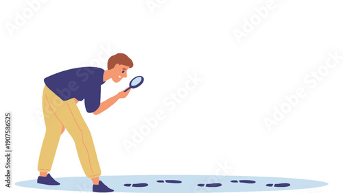 Man examines footprints with a magnifying glass closely