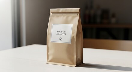 Elegant brown paper pouch of premium green tea on a minimalist white table, perfect for natural beverage packaging mockups or healthy lifestyle promotions