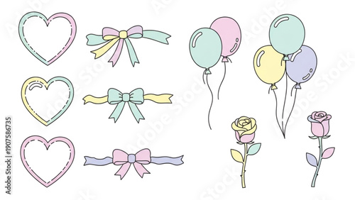 Pastel colored collection of sweet decorative design elements including hearts ribbons balloons and lovely roses perfect for crafting invitations or stationery