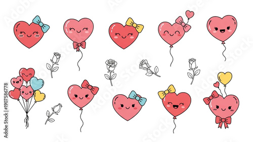 Collection of cute kawaii heart shaped balloons featuring cheerful expressions and colorful bows alongside delicate line art rose illustrations perfect for romance