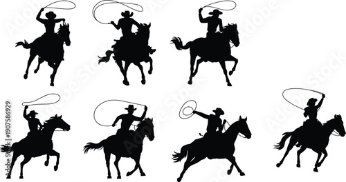 Cowboy riding horse silhouettes swinging lasso rope in action poses isolated on white background western rodeo vector illustration