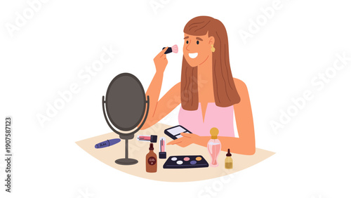 Makeup artist applying eyeshadow in front of a mirror with various cosmetics