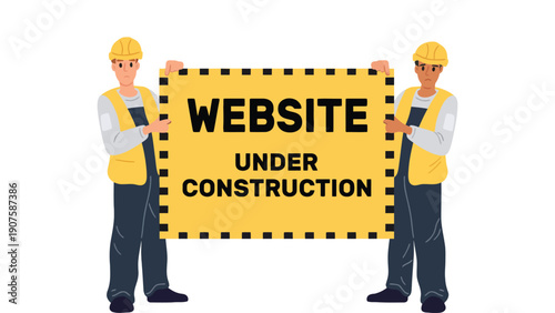 Construction workers holding a website under construction sign illustration