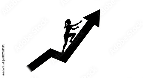 Businesswoman climbing up a growing chart arrow symbolizing success and progress