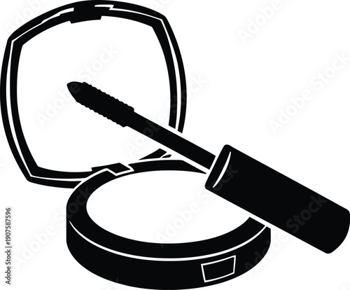 Cosmetic essentials: mascara, powder case. A close-up view unveils the tools of beauty: A black mascara brush, poised beside its compact partner, a face powder case.