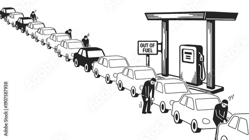 Car queue at a gas station with an out of fuel sign