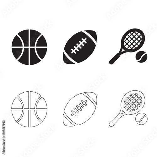 Sports Ball and Equipment Icon Set - Basketball, Football, Tennis 