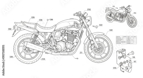Motorcycle Patent Blueprint Technical Drawing Illustration.