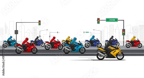 Motorcycle Race on City Street with Traffic Lights.