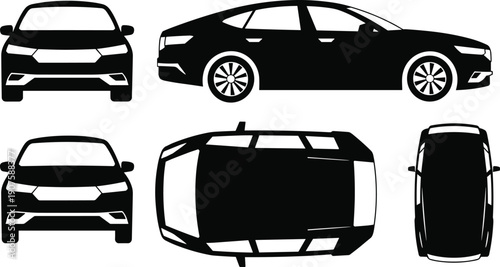 Set of Modern Sedan Car Silhouettes in Multiple Viewpoints Including Front Side Top and Bird Eye Views Isolated on White Background for Automotive Design Projects