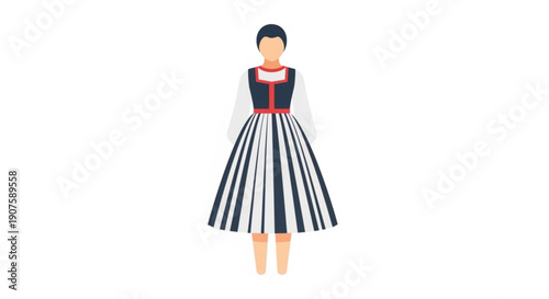 Woman wearing traditional black and white striped dress with red accents