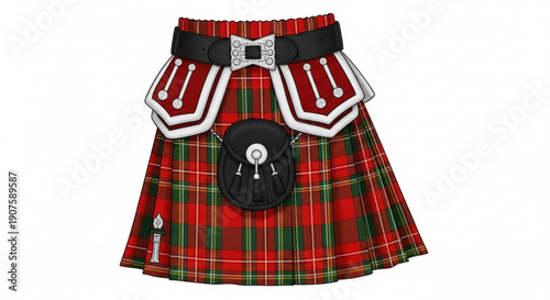 Traditional scottish kilt with sporran and buckle on white background