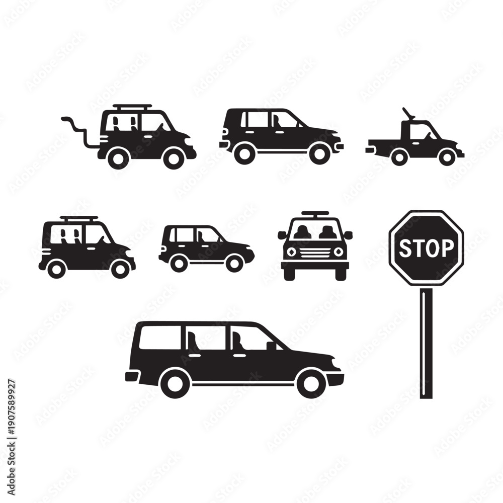 Naklejka premium Transportation Icons Set – Car, Bus, Train, Plane and Ship Symbols