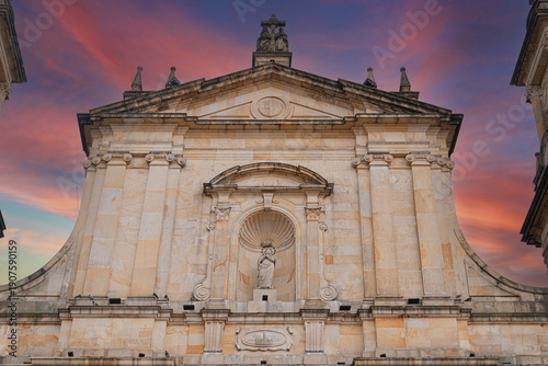 Neoclassical facade of the Primatial Cathedral of Bogotá at Bolivar Square, Colombia