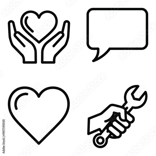 Care, Communication and Service Line Icons: Hands with Heart, Speech Bubble & Wrench Symbols