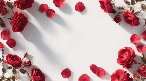 Red and pink petals scattered on a white background