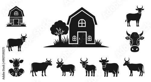 Farm animals and barn icons set silhouette.