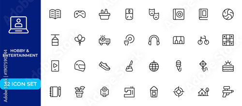 Hobby and Entertainment Line Icon Set – Modern Minimal Outline Icons Collection Featuring Unique Editable Pixel-Perfect Vector Symbols for Creative Projects and Digital Use