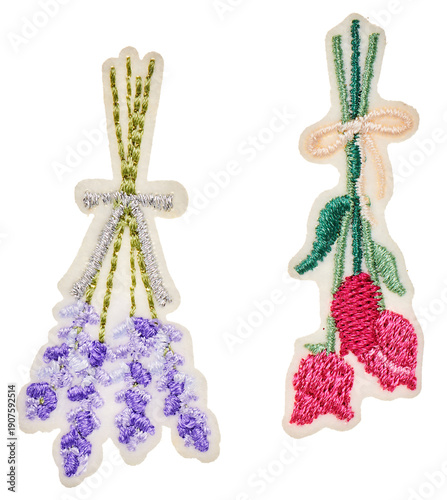 Floral bouquet embroidery patches of lavender and tulips isolated on white background, PNG
