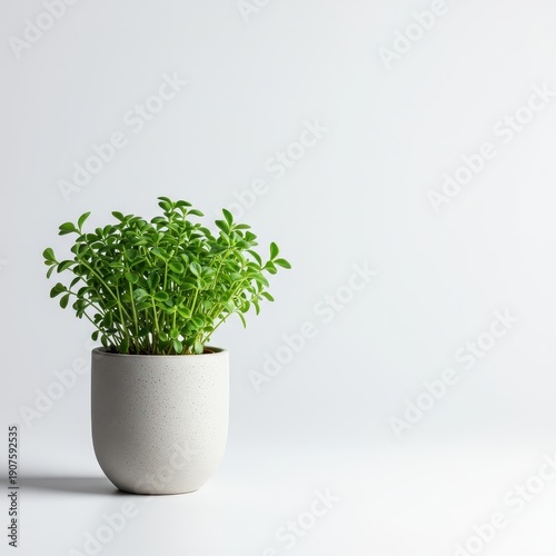 Studio shot of a small green houseplant in a minimalist ceramic container isolated on a pure white background for design elements, product, simple, presentation