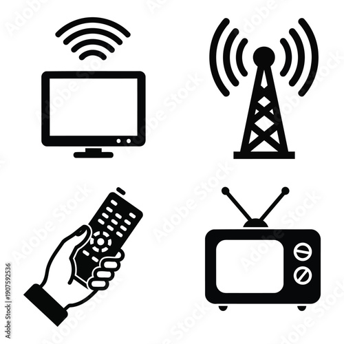 Television and broadcasting icons: old TV, modern screen, remote control, and antenna tower for media and entertainment themes.