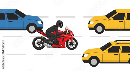 Motorcycle rider navigating through traffic between cars.