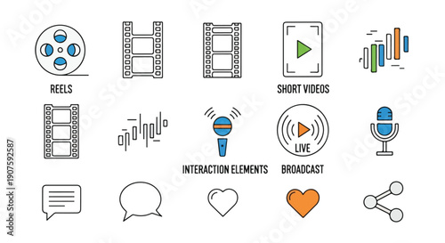 Flat lay of various social media and broadcasting icons on a white background with a graphic design style.