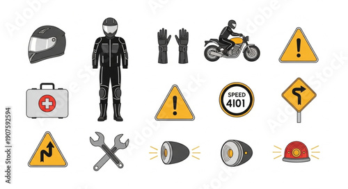 Motorcycle Rider Safety Gear and Road Signs Collection.