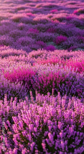 Vibrant purple and pink blooming heather covering the moorland, forming a natural, dense floral background texture ideal for display, pink, plant, moorland