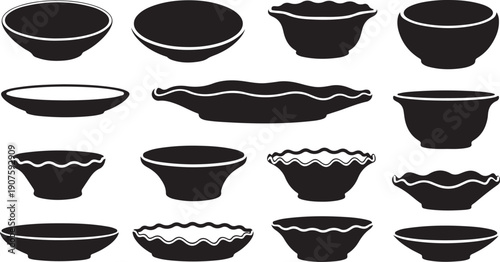 Collection of various black bowls and dishes icons set