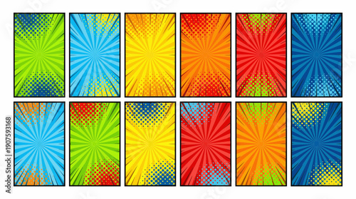Set of twelve colorful vertical comic backgrounds featuring radial speed lines and halftone dot patterns in various designs, concept for comic book design, digital marketing and website banners