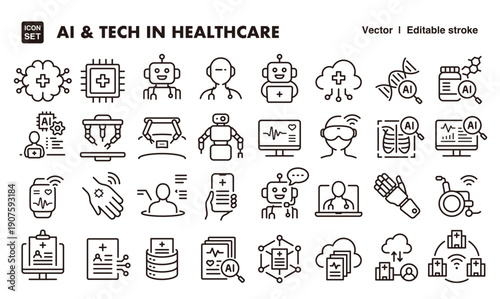 AI and Technology in Healthcare Icon Set – Editable Line Style