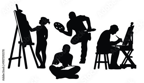 Artists painting and drawing with various art supplies black silhouettes isolated on white background