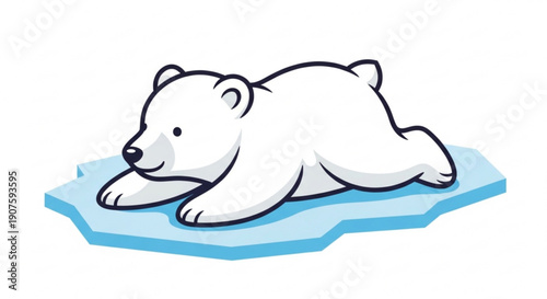 Polar Bear Lying on Iceberg, Cartoon Style, Isolated on White