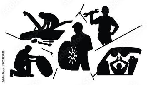 Automotive mechanic team silhouettes repairing cars and changing wheels in professional garage