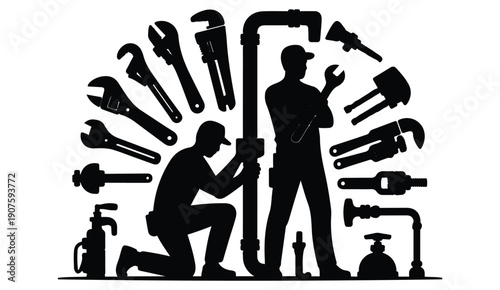 Handyman silhouettes fixing plumbing systems surrounded by specialized pipe wrenches and tools