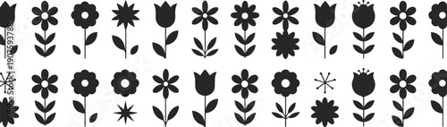 Black silhouette icons of various flowers and tulips on white background Keywords: flower, tulip, bloom, blossom, floral, nature